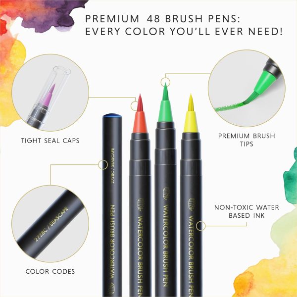 DOODLE HOG 48 Premium Watercolor Pens +2 Highly Blendable Markers, Real Brush Tip Watercolor Markers, Art Supplies for Adults, 48 Colors Gift Box - Image 3