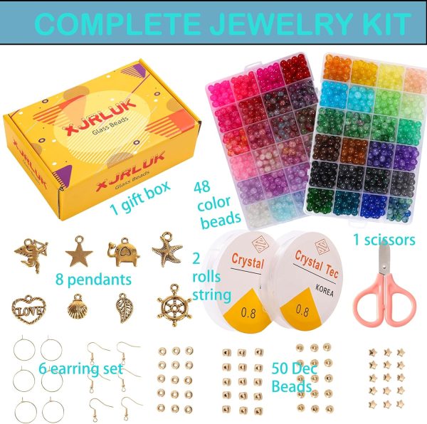 Glass Beads for Jewelry Making, 1280pcs + 8mm 48 Colors Round Crystal Glass Beads Bracelet Making Kit, Bead Starter Kit for Birthday Holiday Gifts - Image 2